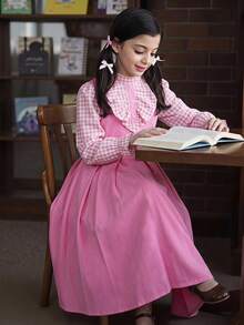 SHEIN Tween Girl Tween Girl Plaid Patchwork Pleated Casual Family Matching Cute Daily Holiday School Autumn Dress Back-To-School Pink Primary Middle Pinafore - Pink - View 5