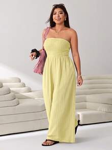 Solflare Plus Size Women Solid Color Ruched Casual Daily Strapless Jumpsuit Wide Leg Pants - Yellow - View 6