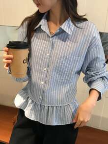 DAZY Women's Korean Style Versatile Button-Up Ruffle Hem Blouse - Blue - View 1