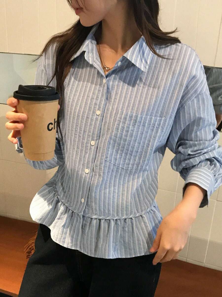 DAZY Women's Korean Style Versatile Button-Up Ruffle Hem Blouse - Blue - View 1