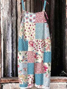 EMERY ROSE Plus Size Loose Retro Patchwork Print Bib Pants, Suitable For Holiday, Beach Wear In Summer, Vintage Casual Countryside Outfit For Women - Multicolor - View 3