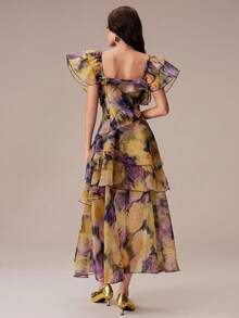 BELROSIE Summer Purple And Yellow Floral Colorblock Organza Ruffle Flutter Sleeve Split Hem Layered Cake Skirt Cinched Waist Women's Dress Wedding Garden - Multicolor - View 8