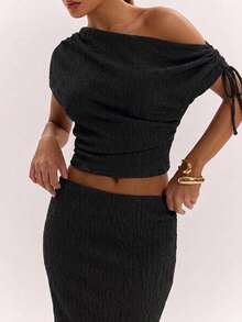 SHEIN BAE Women's Solid Color Asymmetric Neck Drawstring Design Top And Mermaid Skirt Fashion Two Pieces Set - Black - View 5