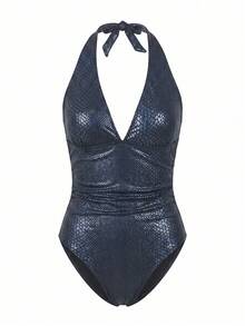 SHEIN Swim 女士新款夏季 V 领露背性感连体泳衣、海滩/度假装 - 黑色 - 查看 11