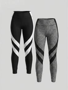Sweetra Contrast Stripe High Waist Seamless Sports Leggings - Multicolor - View 1