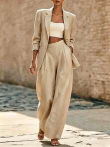 SHEIN Apricot Color Suit, Double-Breasted Long-Sleeve Suit And Straight-Leg Pants 2-Piece Set, Spring And Autumn Commuting Wear, Office Wear, Elegant Suit - Khaki - View 5