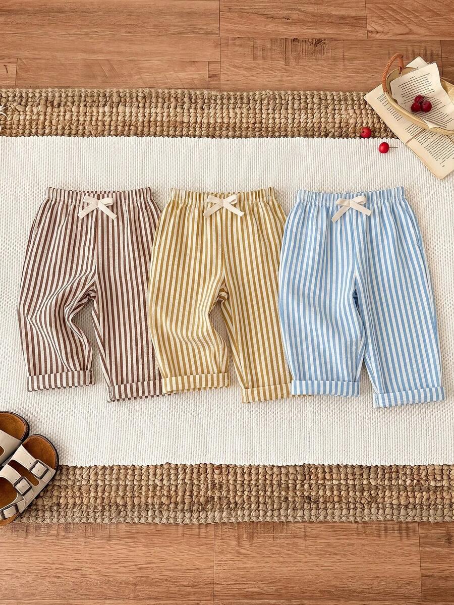 SHEIN 3pcs/Set Unisex Baby Clothes Baby Boy Casual Cute Versatile Striped Webbing Decor Elastic Waist Long Pants Multi-Piece Set Summer,Autumn,Spring - Multicolor - View 1