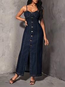 SHEIN Unity Women's Single-Breasted Slim Fit Elegant Spaghetti Strap Denim Dress - Blue - View 7