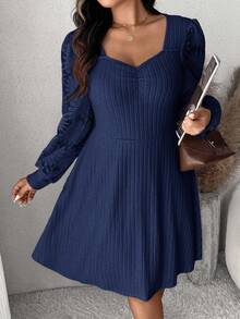 SHEIN Frenchy Plus Size Elegant Commuter Solid Color Jacquard Patchwork Dress Fall - Navy Blue - View 6