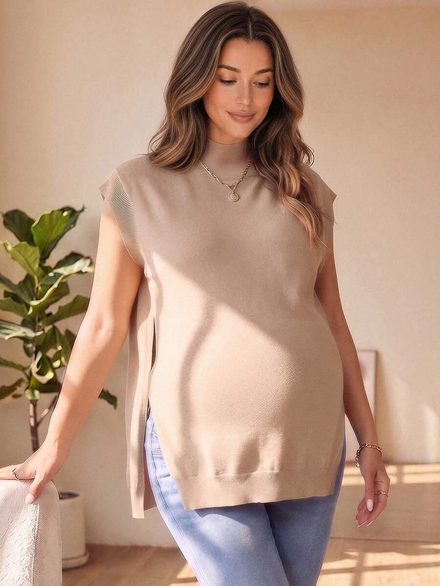 GentleRue Maternity 休闲孕妇宽松针织开衩毛衣，秋季 - 香檳色 - 查看 1