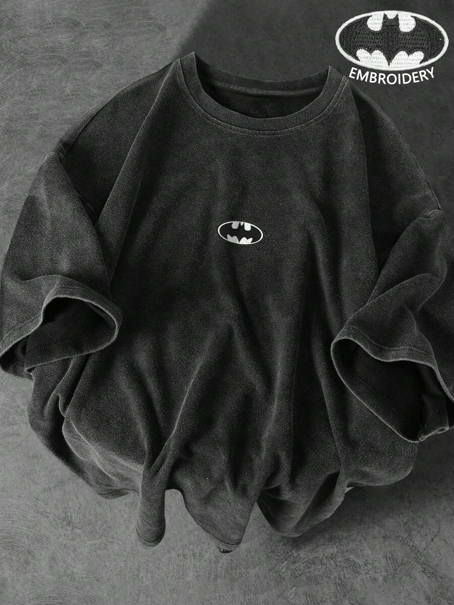 BATMAN X SHEIN Manfinity EMRG Men's Crew Neck Snow Wash Casual Daily Wear T-Shirt - Black - View 1
