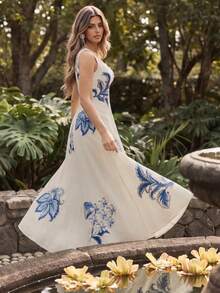 Anewsta Elegant Floral Print Slip Dress With Embroidered 3D Flowers, Floor Length - Multicolor - View 8