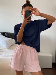 DAZY 女款純色寬鬆短袖上衣與短褲兩件套居家服 - 藍色 - 查看 1