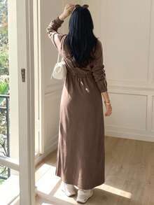Solavon Women's Minimalist Zipper Contrast Color Drawstring Long Sleeve Arabian Dress - Grey - View 4