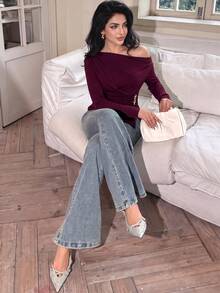 Modelyn 女款復古優雅百搭金屬扣不對稱下擺百褶上衣 深紫色 秋季 早午餐/外出穿搭 - 酒紅色 - 查看 4