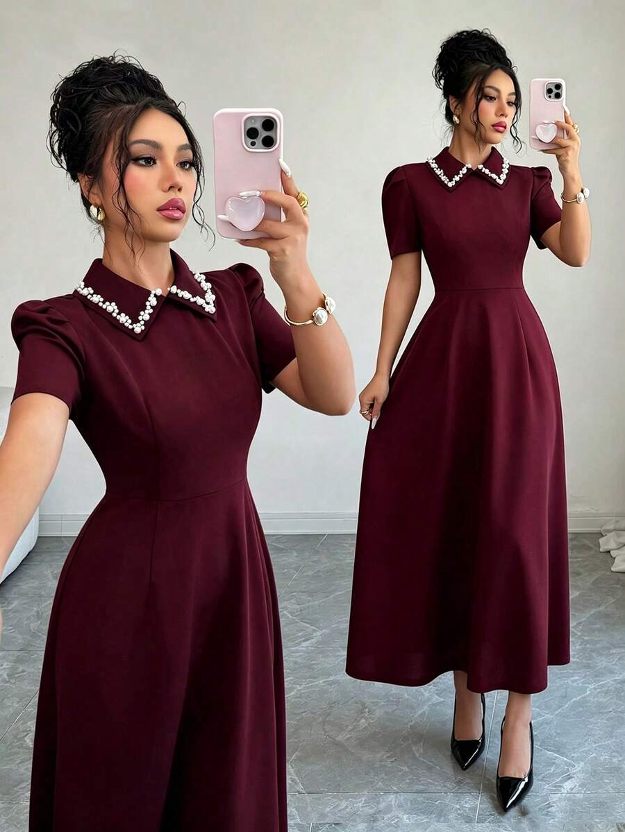Elenzga Women's White And Burgundy Pearl Collar Puff Short Sleeve Midi Dress, Elegant French Preppy Mature Casual Wedding Outfit Dinner Party Formal Summer - Burgundy - View 1