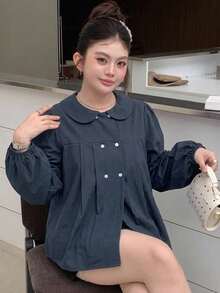 Dazy Plus 彼得潘領格紋休閒韓系學院風短袖大尺碼女款春夏藍色襯衫可愛上衣 - 藏蓝色 - 查看 5