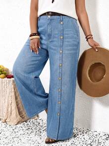 EMERY ROSE EMERY ROSE Plus Size Women's Button Design Pocket Wide Leg Loose Casual Denim Jeans - Light Wash - View 2