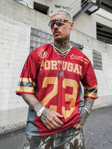 Artur Kramer 男士休闲V领短袖T恤，印有数字图案，足球主题 - 紅色 - 查看 5