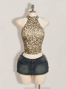 SHEIN ICON 女款夏季哥德風豹紋露背掛脖背心上衣 - 卡其色 - 查看 4