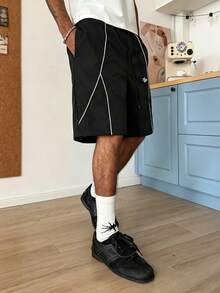 STEELVANCE Herren Lässig Sommer Kontrast Saum Kordelzug Taille Bermuda Strand Shorts - Schwarz - Übersicht 3