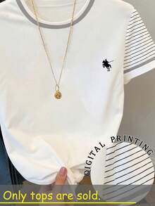 SHEIN Women's Round Neck Short Sleeve Casual Striped T-Shirt, Versatile For Daily Wear, Summer - White - View 4
