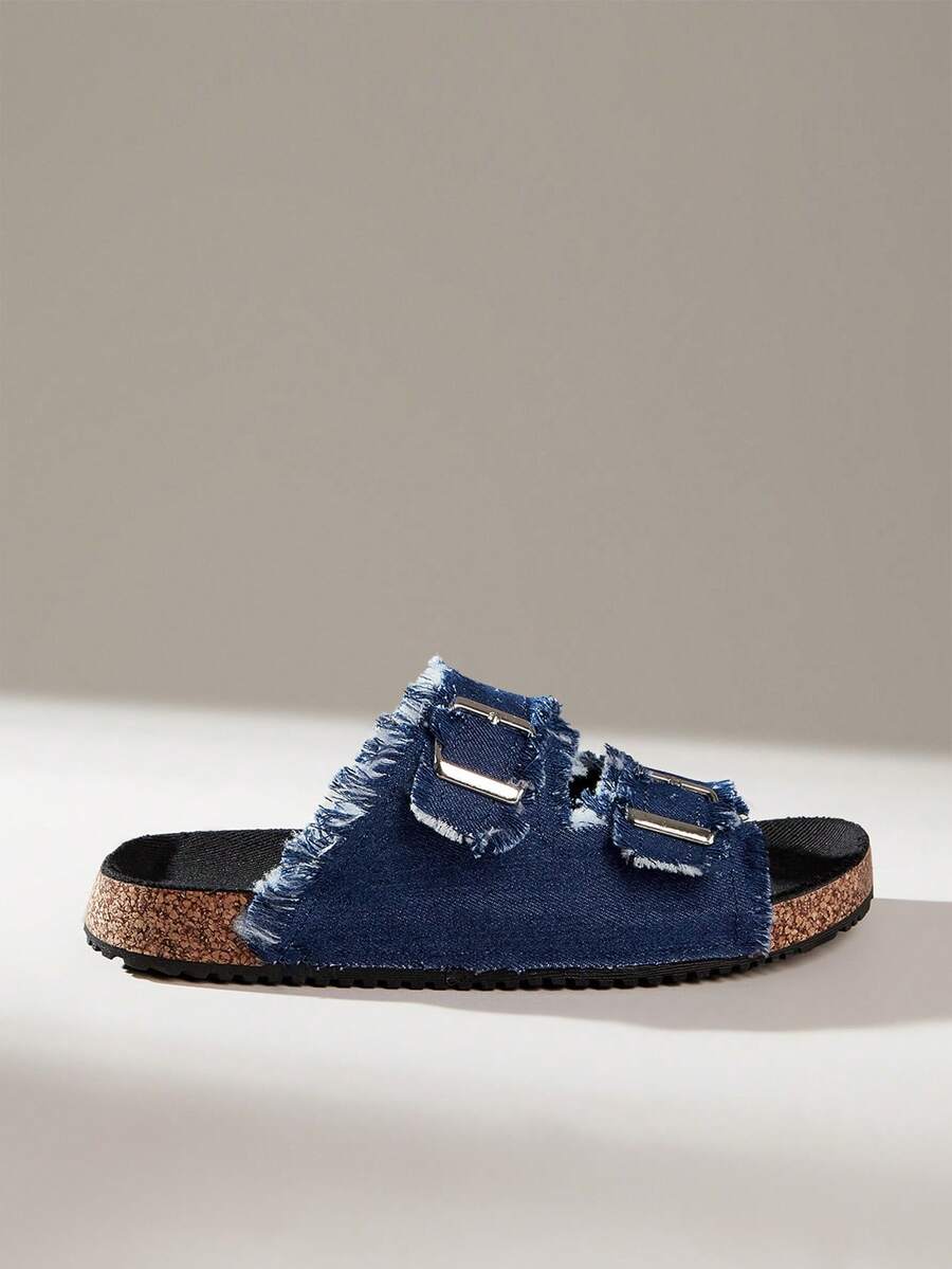 Solecia Summer Double-Button Burrs, Open-Toed Flat-Bottomed Cork Slippers, Casual Sandals, Daily Commuting Beach Vacation Versatile Sandals - Navy Blue - View 1