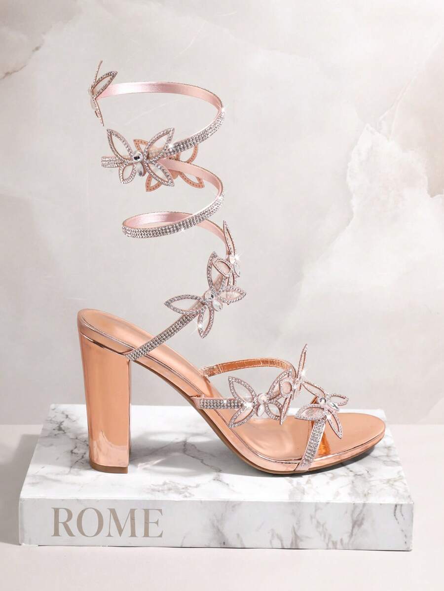 SHUZIA Women's Rose Gold Butterfly Decorated High Heel Sandals For Wedding Party Summer Shoes Spring Shoes Spring Break Easter Prom Heels Summer Shoes - Rose Gold - View 1