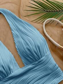Soleia Women's Textured Halter Neck Tank Top For Beach Vacation - Blue - View 4