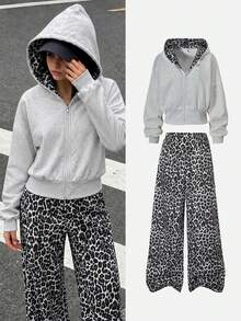 SHEIN 2件組青少年女孩灰色花卉連帽拉鍊開襟外套，寬落肩、羅紋腰部，時尚休閒設計運動衫搭配寬鬆舒適寬腿長褲套裝，休閒運動學院風，適合戶外、室內、運動、派對、學校及任何場合，春/秋/冬 - 彩色 - 查看 3