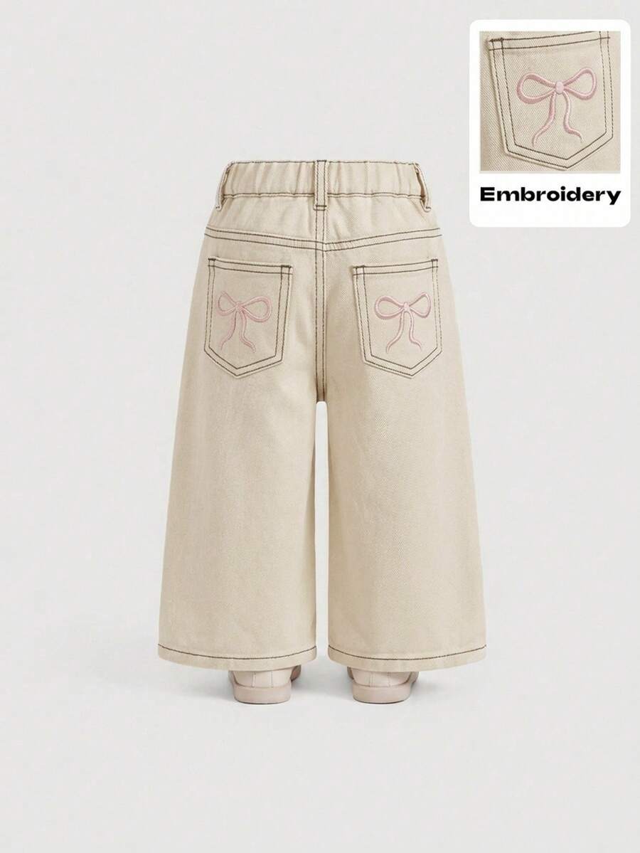 SHEIN 女嬰時尚鈕扣口袋牛仔長褲,適合日常穿著 - 卡其色 - 查看 1