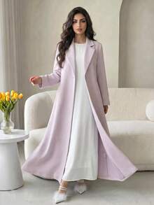 Yasmyna Women's Elegant Textured Long Sleeve Lapel Pink Abaya - Pink - View 8