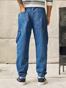 Norleigh Loose Drawstring Solid Color Men's Jogger Cargo Jeans With Flap Pockets On Sides - Medium Wash - View 2
