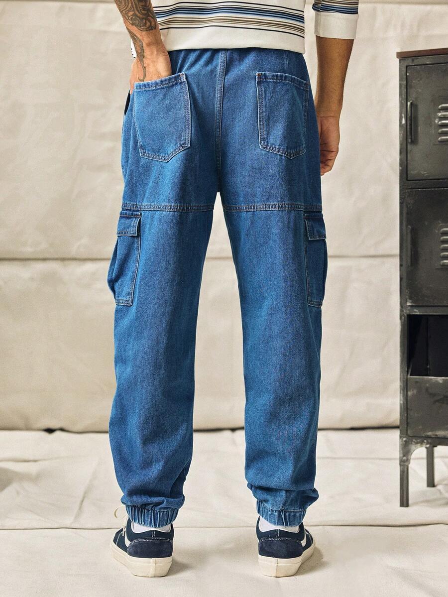 Norleigh Loose Drawstring Solid Color Men's Jogger Cargo Jeans With Flap Pockets On Sides - Medium Wash - View 1