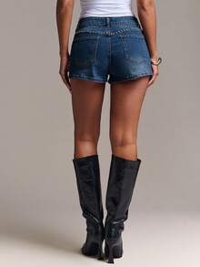 SHEIN BAE Women's Casual Versatile Denim Shorts With Pockets For Daily Wear - Dark Wash - View 2