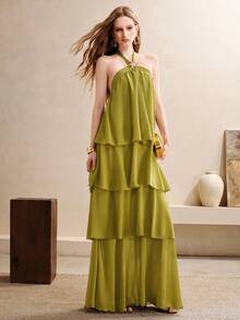 Arave Women's Dress A-Line Tiered Chiffon Halter Neck Metal Buckle Layered Elegant Party Olive Green Solid Elegant Dresses For Party Wedding Party - Green - View 6
