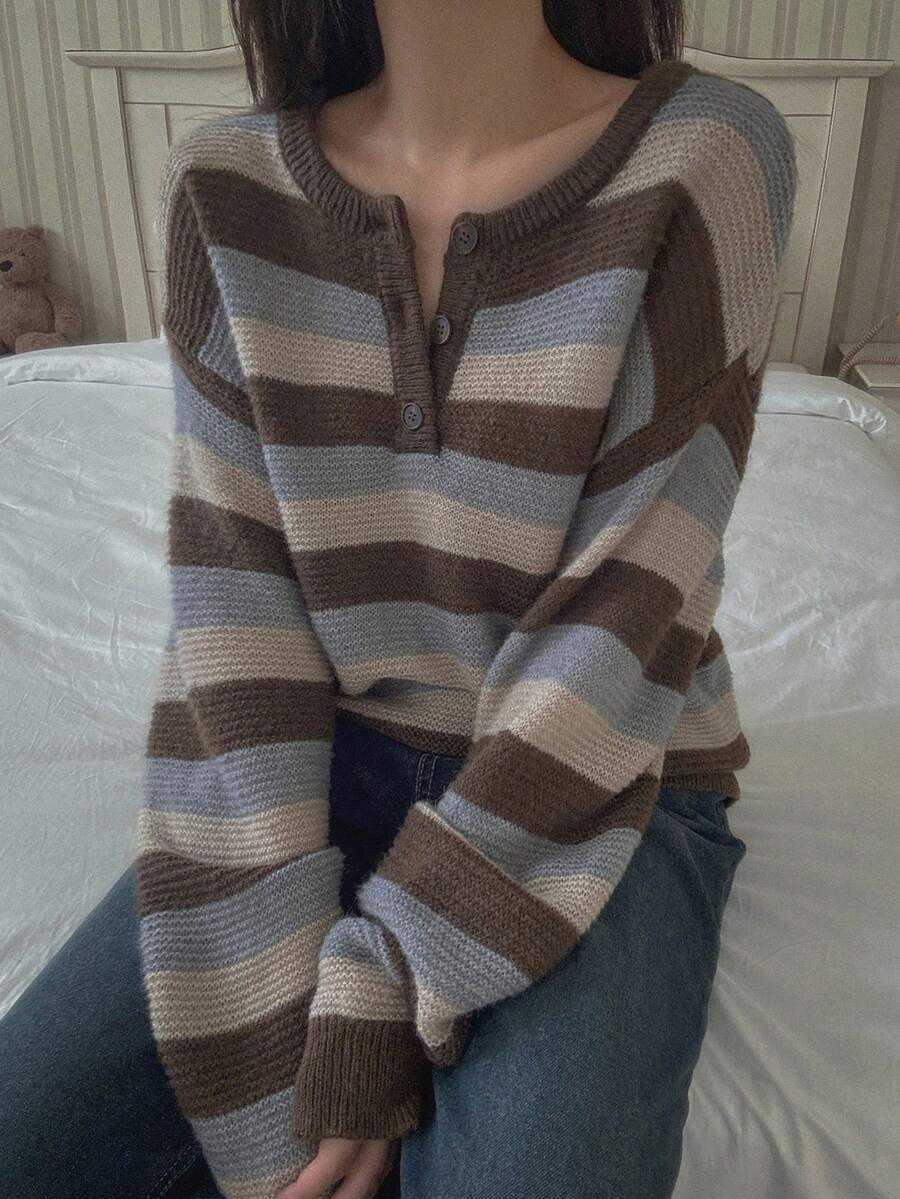DAZY Women's Colorblock Striped Loose Long Sleeve Crew Neck Casual Vacation Spring Autumn Pullover Knit Sweater - Grey - View 1