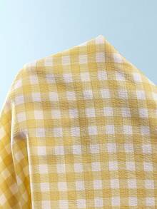 Napfluff Women's Contrast Trim Yellow Plaid Print Pocket Heart Embroidery Lapel Shorts Pajama Set - Yellow - View 6