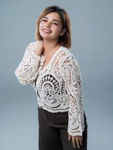 SARA VAULT Vacation Casual Hollow Out Crochet Cardigan In Fall/Winter - Apricot - View 4