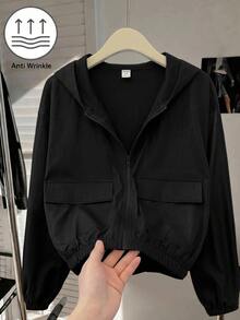SHEIN 青少年女孩編織純色貼袋短版寬鬆休閒連帽外套 - 黑色 - 查看 6