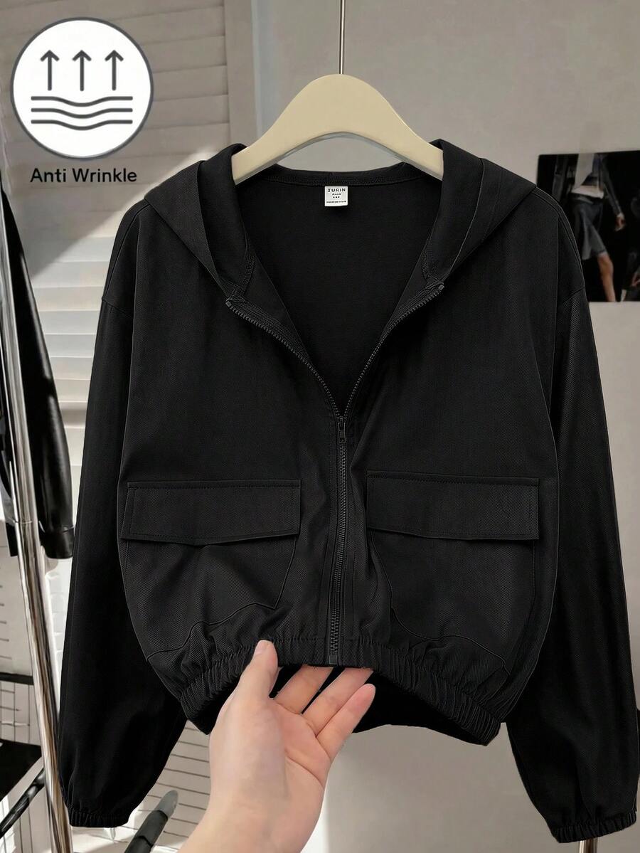 SHEIN Teen Girl Woven Solid Color Patch Pocket Short Loose Casual Hooded Jacket - Black - View 1