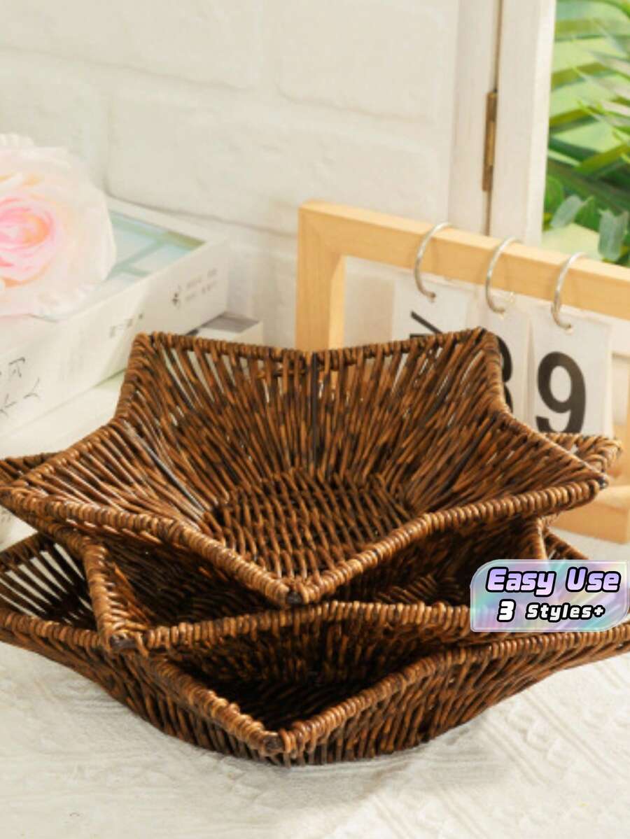 Star Shaped Rattan‑Effect Snack Basket, Deep Color Woven Food Tray, Multipurpose Serving Basket For Fries, Cakes, Nuts, Pastries, Fruits And Vegetables, Practical Food Container For Home Kitchen, Restaurant And Party Use - Dark color - View 1