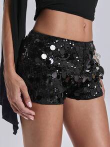 ACID BLVD Women Carnival Party Black Glitter Sequin Sexy Low Waist Stretchy Mini Shorts - Black - View 5