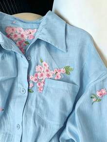 INAWLY 女款時尚休閒極簡浪漫度假風刺繡花卉長袖鈕扣襯衫 秋季 - 藍色 - 查看 3