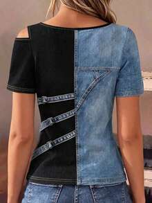 EMERY ROSE Autumn New Digital Print Denim Effect Casual Slim Fit Flattering Plus Size T-Shirt, Casual Outing Daily Wear - Multicolor - View 2
