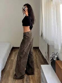 StreetHx Celana Jeans Denim Kasual Serbaguna untuk Pemakaian Sehari-hari dengan Kancing untuk Wanita - Rust Brown - View 5