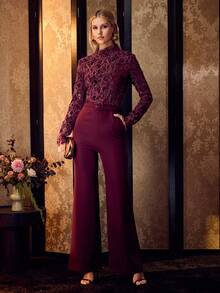 MOTF PREMIUM ELEGANT SLIMMING HOLLOW LACE PATCHWORK LONG SLEEVE WOMEN JUMPSUIT - Red Violet - View 7