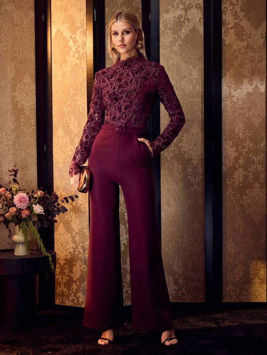 MOTF PREMIUM ELEGANT SLIMMING HOLLOW LACE PATCHWORK LONG SLEEVE WOMEN JUMPSUIT