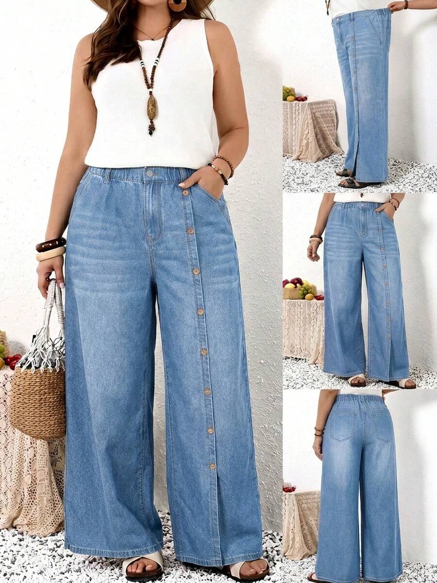 EMERY ROSE EMERY ROSE Plus Size Women's Button Design Pocket Wide Leg Loose Casual Denim Jeans - Light Wash - View 1