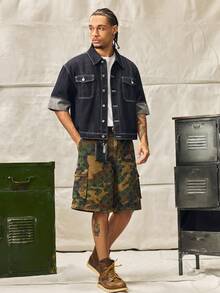 Men's Summer Camouflage Diamond Crochet Cargo Denim Shorts, Loose Wide Leg - Army Green - View 8